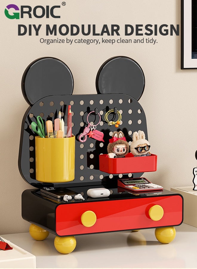 GROIC Desk Organizer, Mickey Mouse Style Storage Box, Multi-Functional Hole Plate Storage with Drawer and hook, Desktop Organization for Office Supplies, Pencils, Markers, Tape, Erasers, Paperclips, Chargers - Image 5